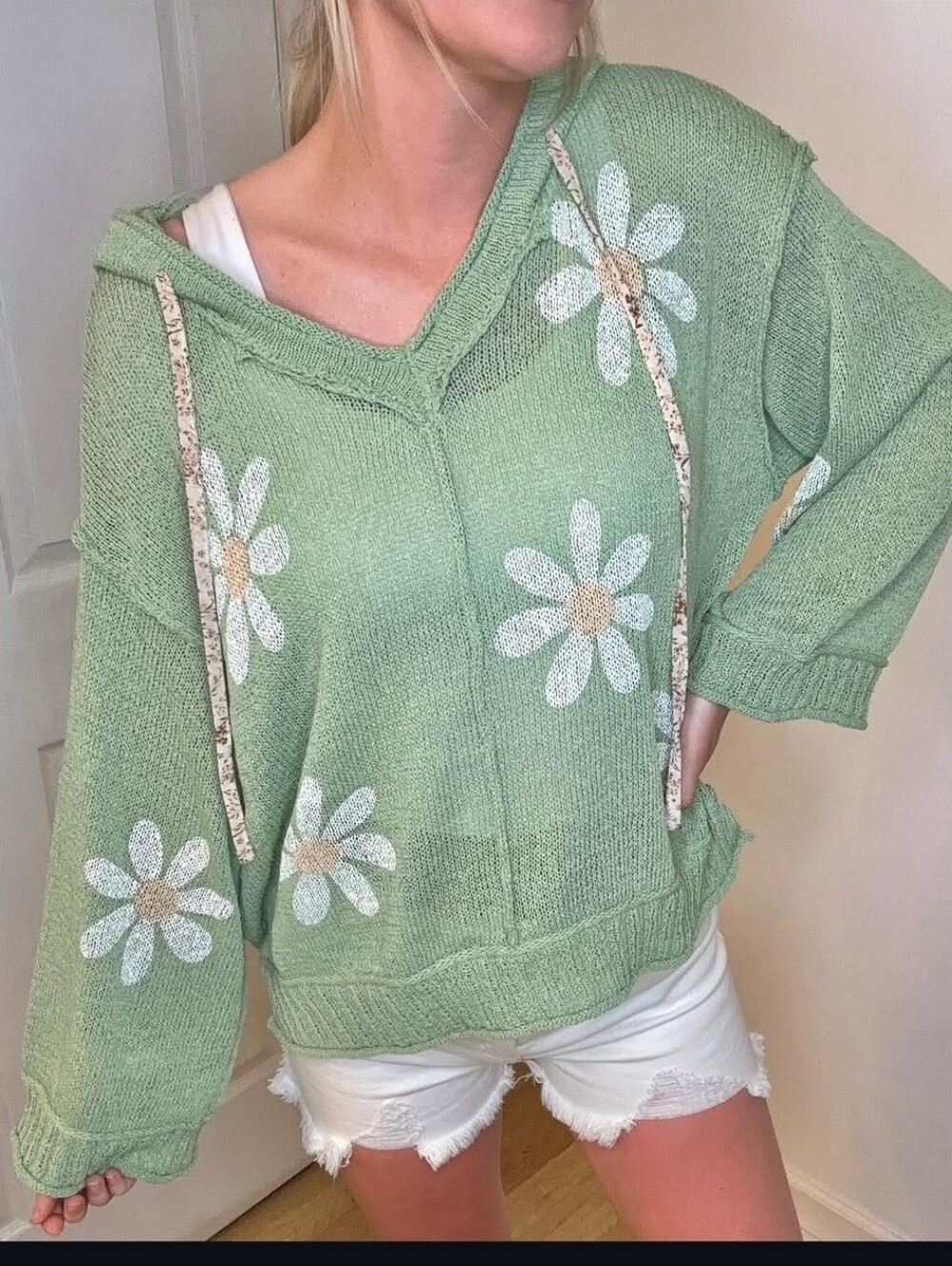 POL Sage Green Hooded V-Neck Open Knit Sweater